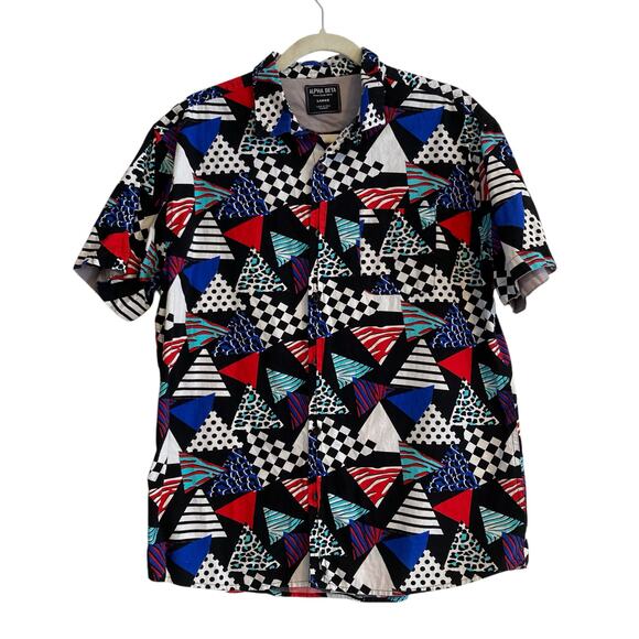 Mens Retro Alpha Beta Black White Geometric Short Sleeve Casual Shirt Size Large - Picture 1 of 16